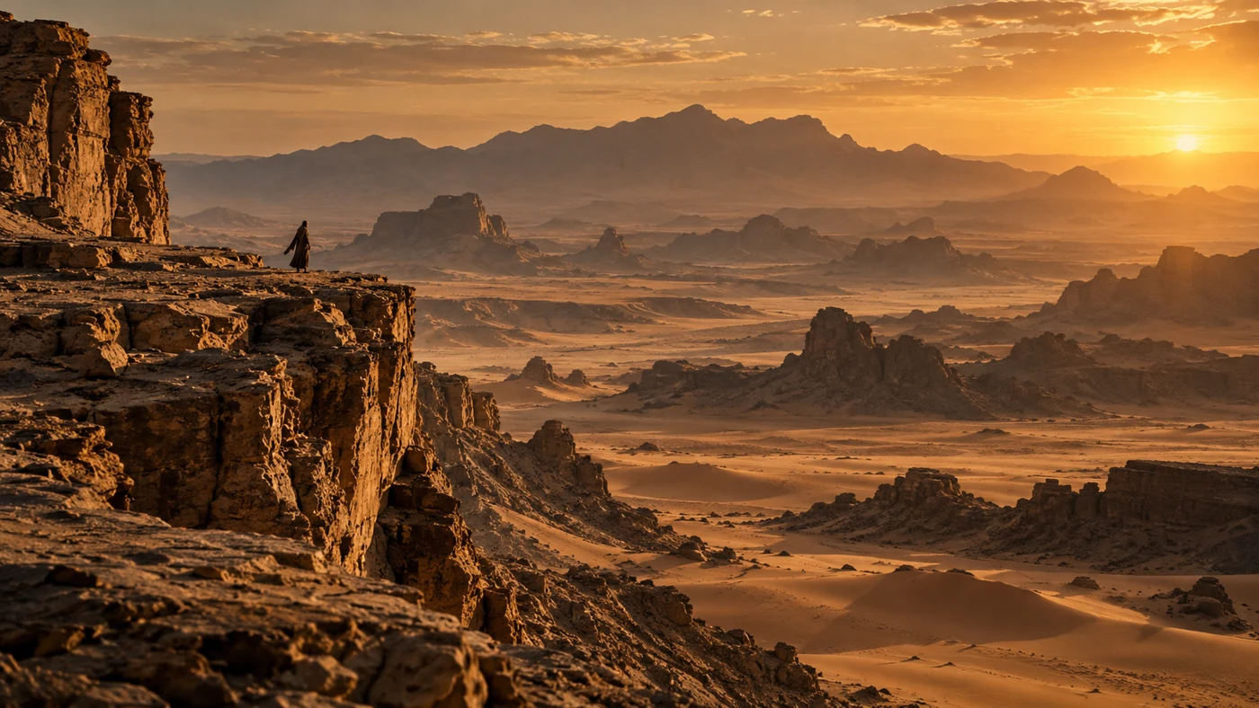 Golden desert cliffs and a distant solitary figure